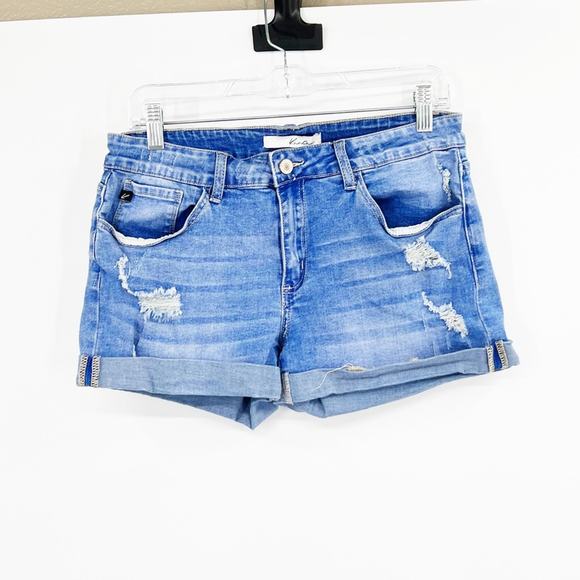 Kancan Mid-Rise Cuffed Distressed Denim Shorts - Picture 1 of 4